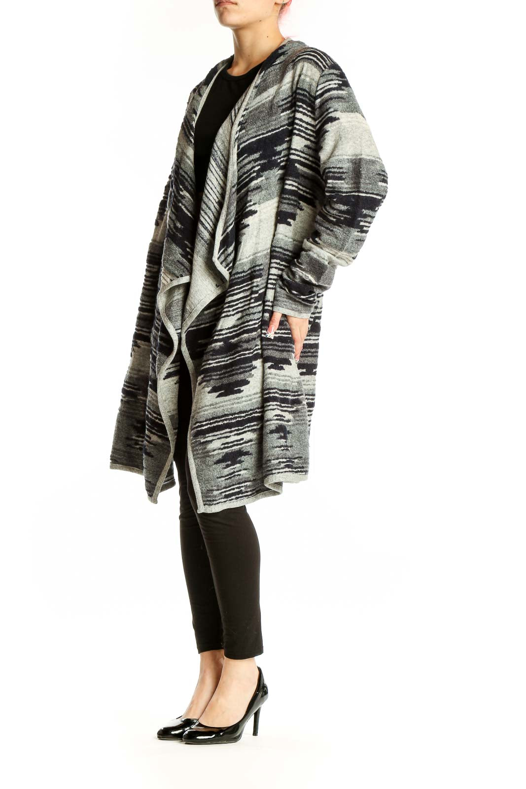Front view of Lucky Brand gray striped hooded cardigan with geometric pattern
