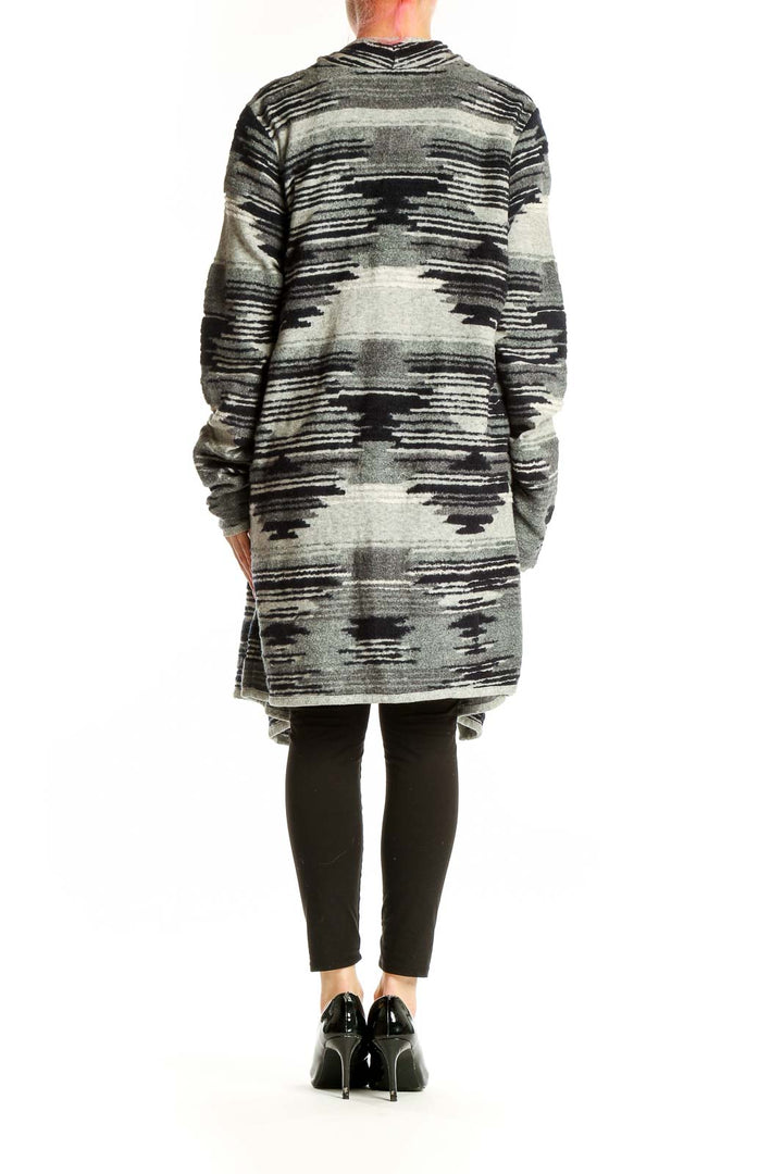 Side view of Lucky Brand gray striped hooded cardigan showing drape and length