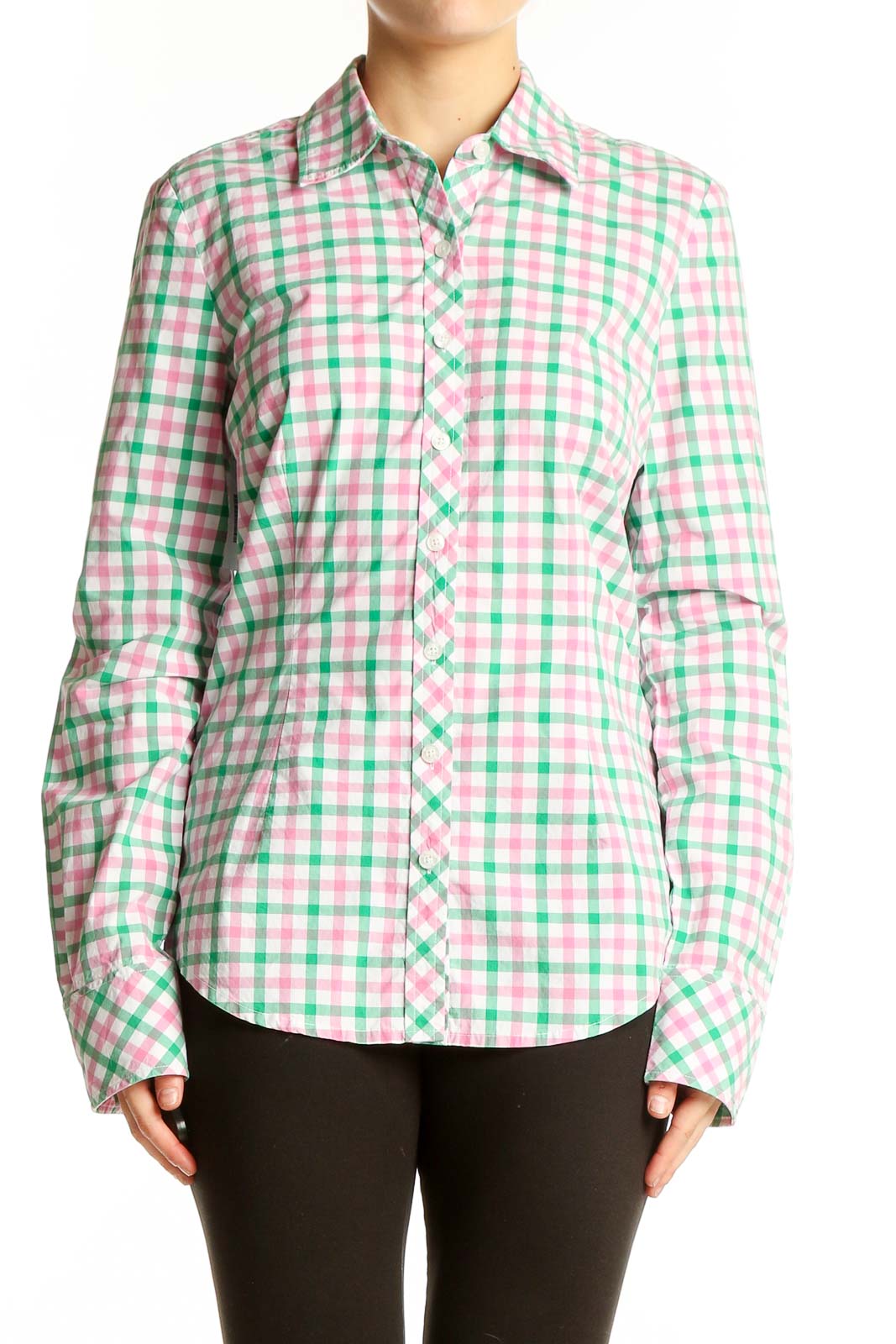 Front view of Lilly Pulitzer green and pink gingham button-up shirt