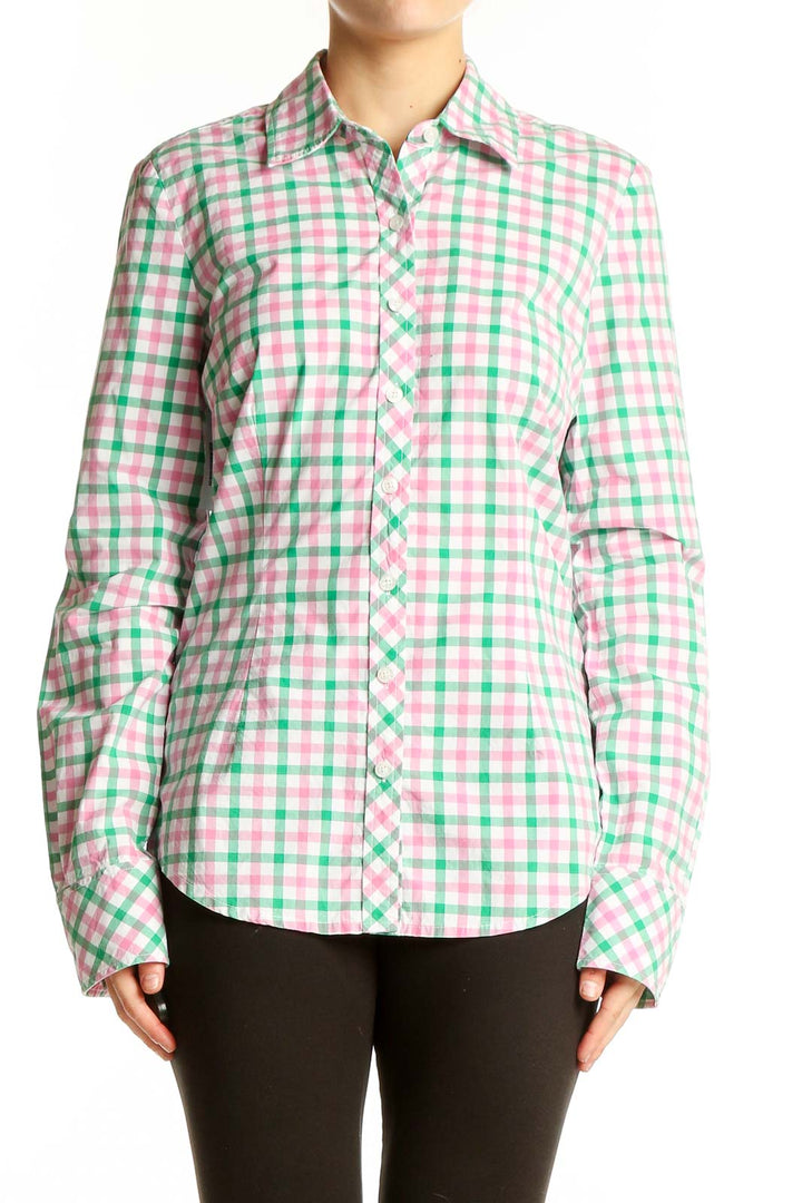 Front view of Lilly Pulitzer green and pink gingham button-up shirt