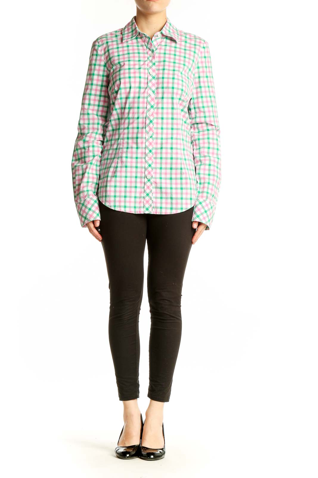 Front view of Lilly Pulitzer green and pink gingham button-up shirt