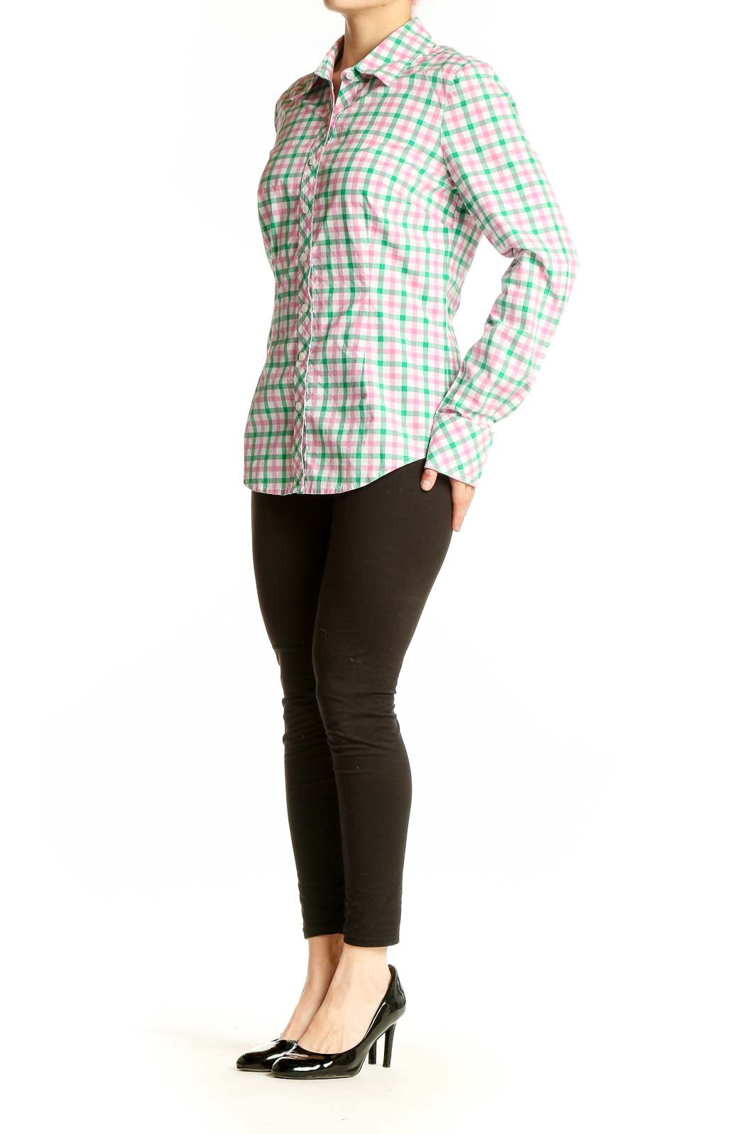 Front view of Lilly Pulitzer green and pink gingham button-up shirt