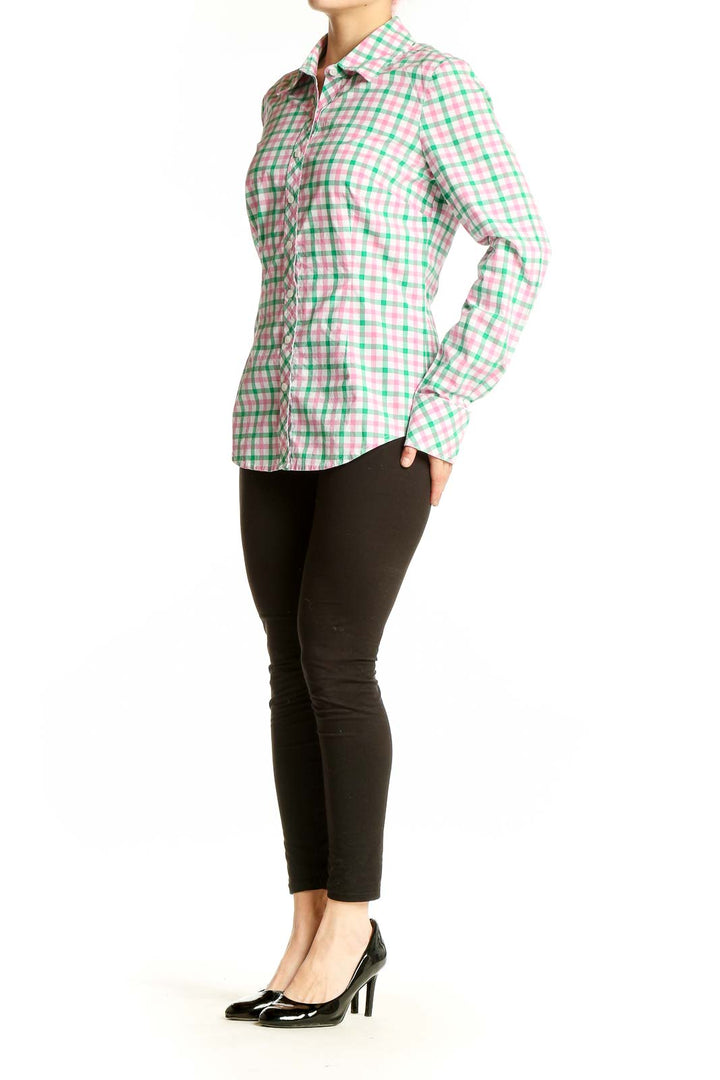 Front view of Lilly Pulitzer green and pink gingham button-up shirt
