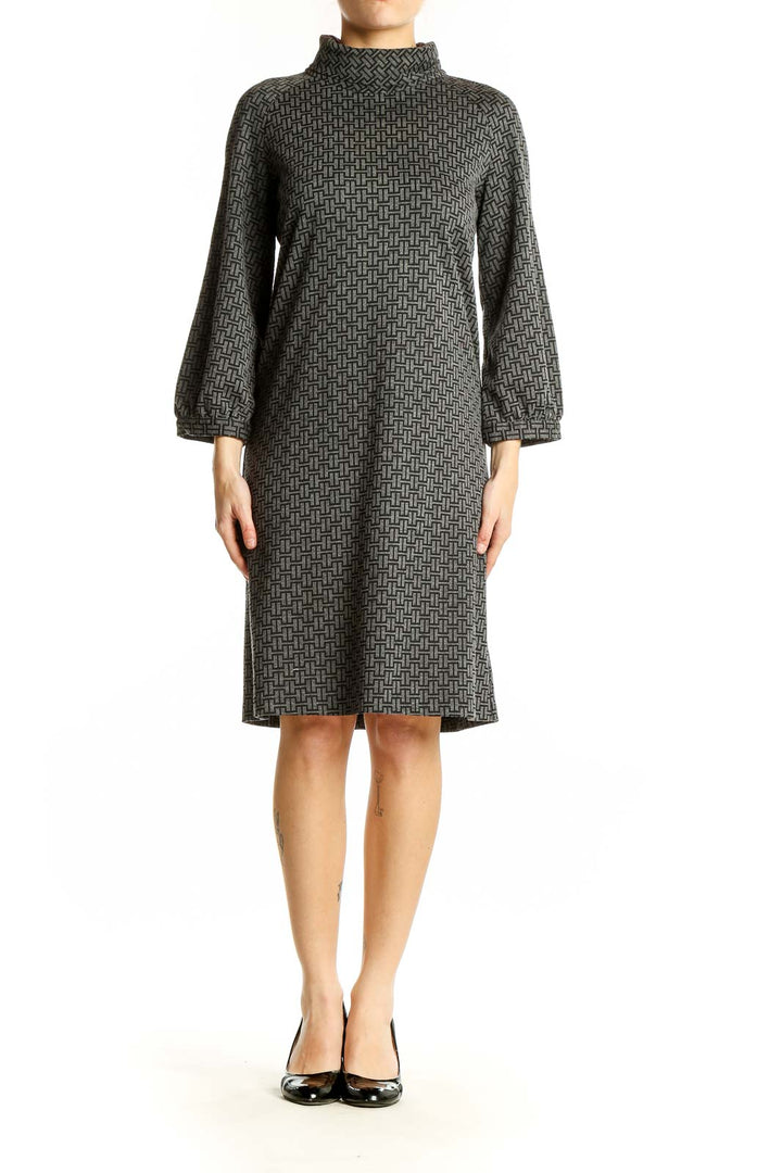 Front view of Ellen Tracy gray geometric print turtleneck dress with bishop sleeves