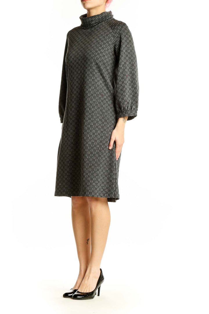 Front view of Ellen Tracy gray geometric print turtleneck dress with bishop sleeves