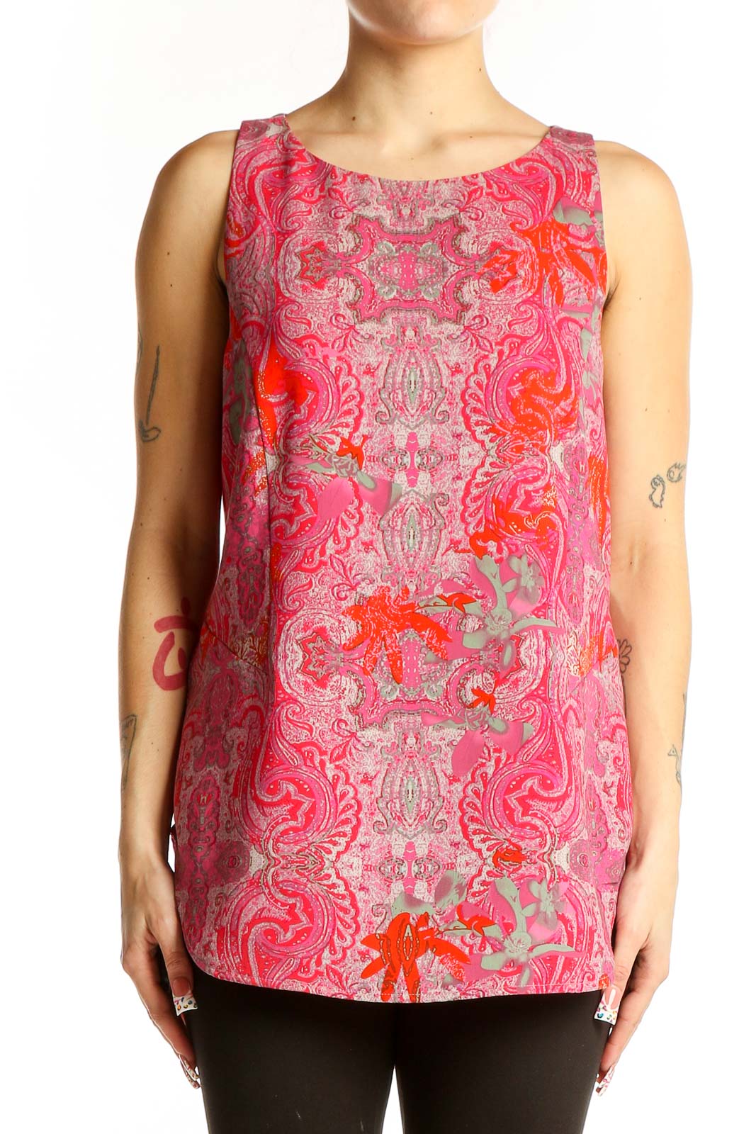 Front view of Cabi pink paisley sleeveless tunic top