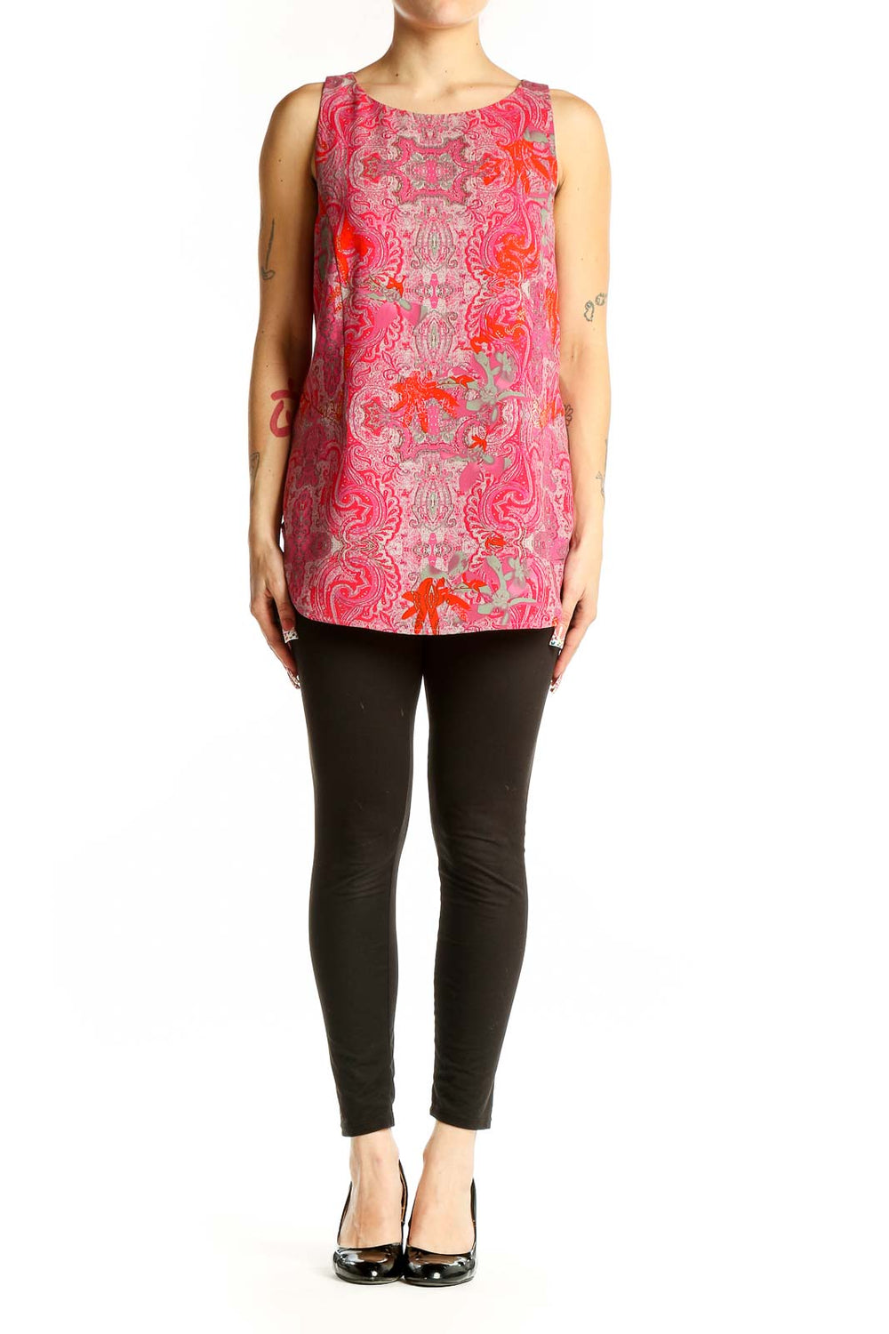 Front view of Cabi pink paisley sleeveless tunic top