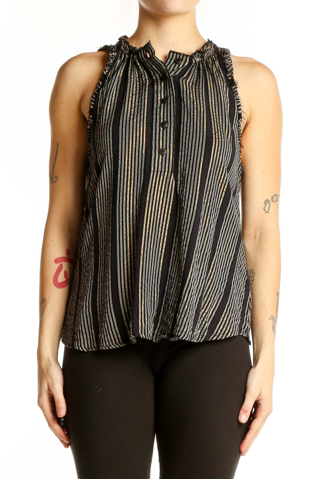 Front view of Apiece Apart black and gold striped sleeveless blouse with ruched neckline