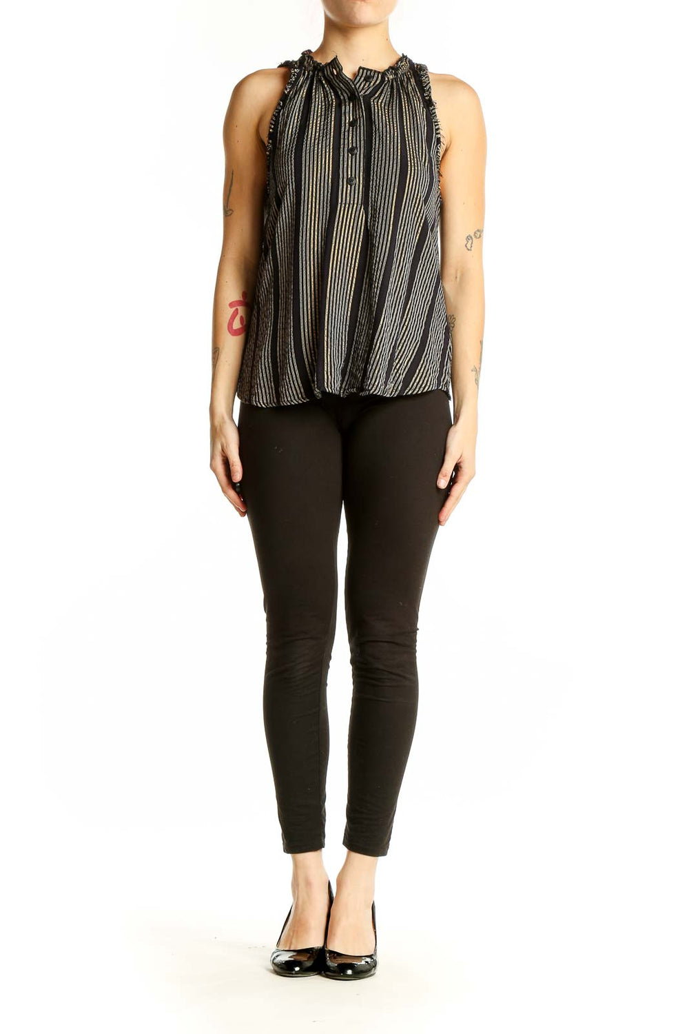 Front view of Apiece Apart black and gold striped sleeveless blouse with ruched neckline