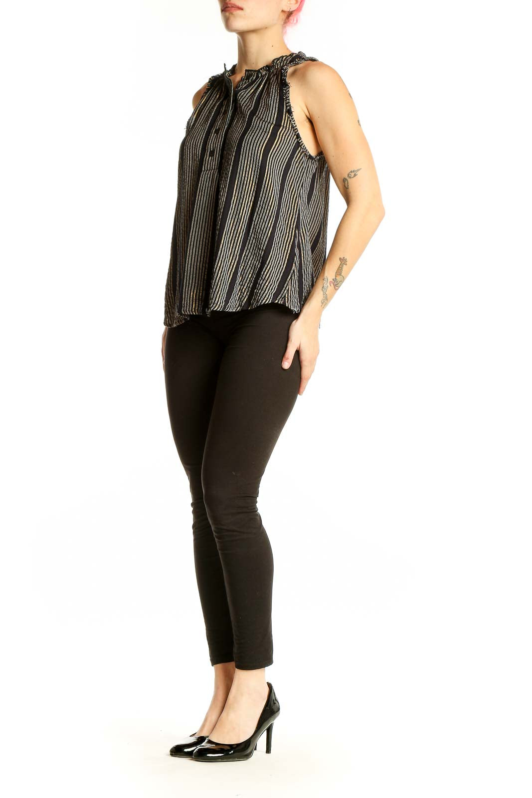 Front view of Apiece Apart black and gold striped sleeveless blouse with ruched neckline