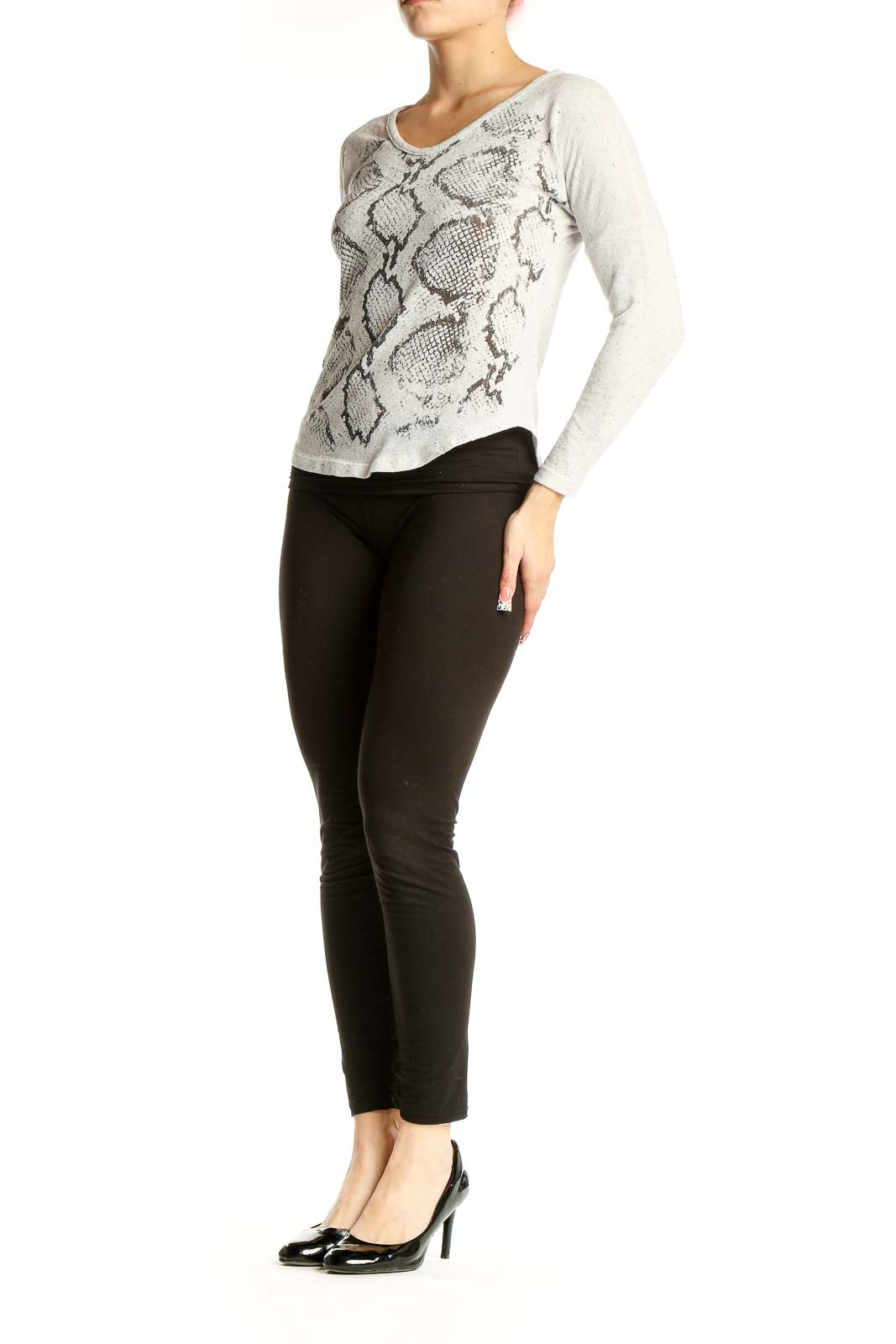 Front view of Renee C. gray snake print long sleeve top