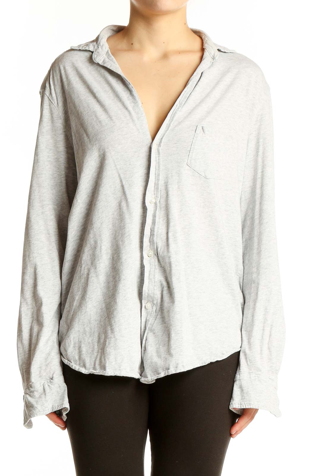 Front view of Frank & Eileen light gray cotton button-down shirt