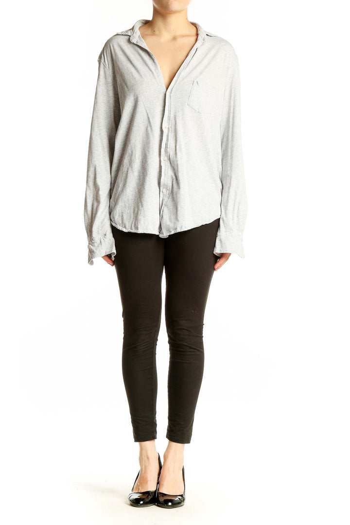 Front view of Frank & Eileen light gray cotton button-down shirt