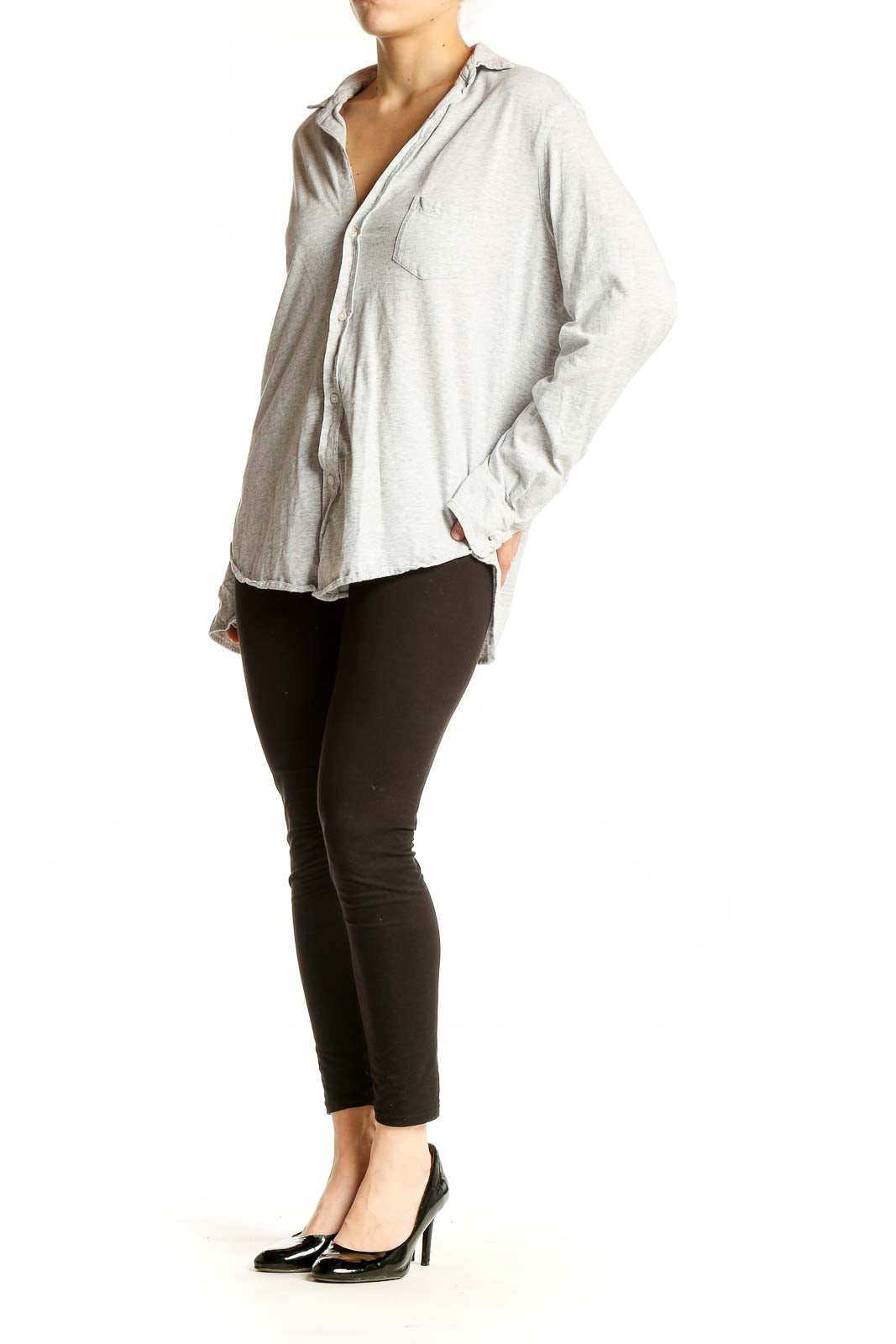 Front view of Frank & Eileen light gray cotton button-down shirt