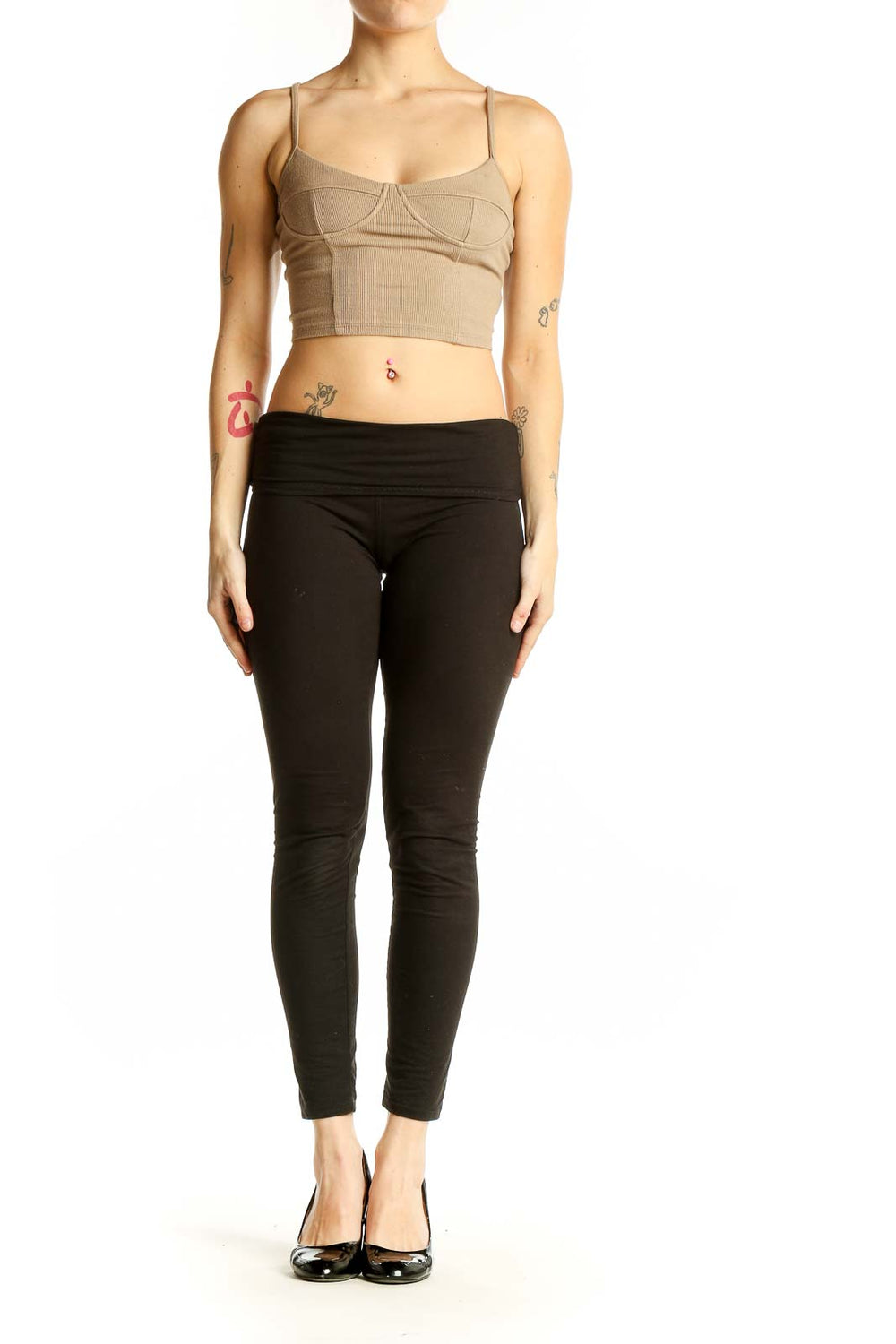 Front view of JOAH BROWN beige ribbed crop top with bustier design