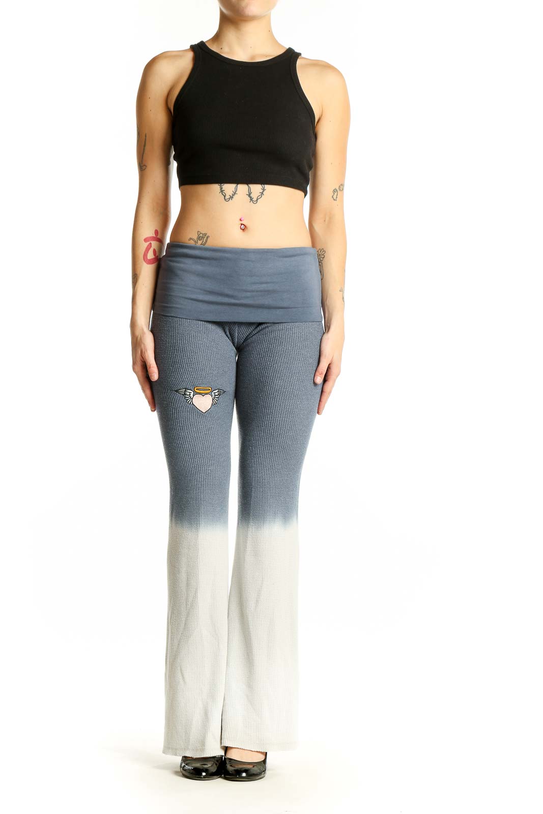 Front view of BOYSLIE gray ombre flared yoga pants with high waistband