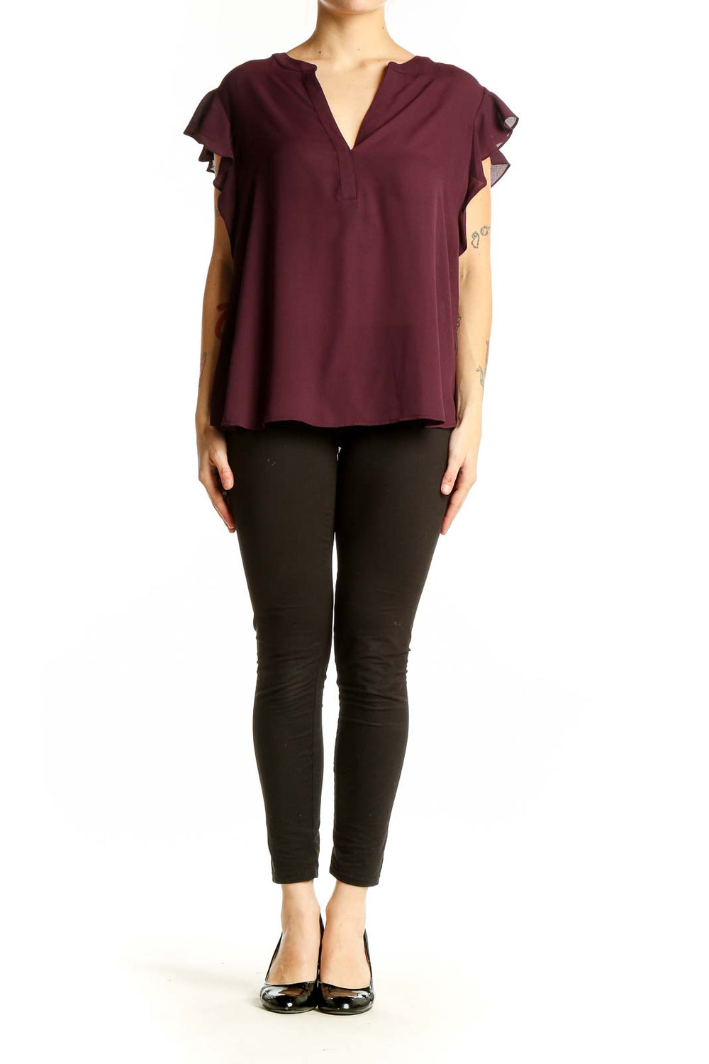 Front view of burgundy Calvin Klein blouse with ruffled sleeves and V-neck
