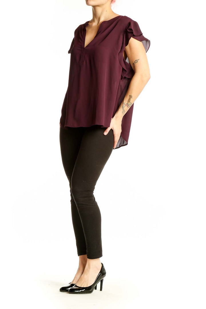 Front view of burgundy Calvin Klein blouse with ruffled sleeves and V-neck