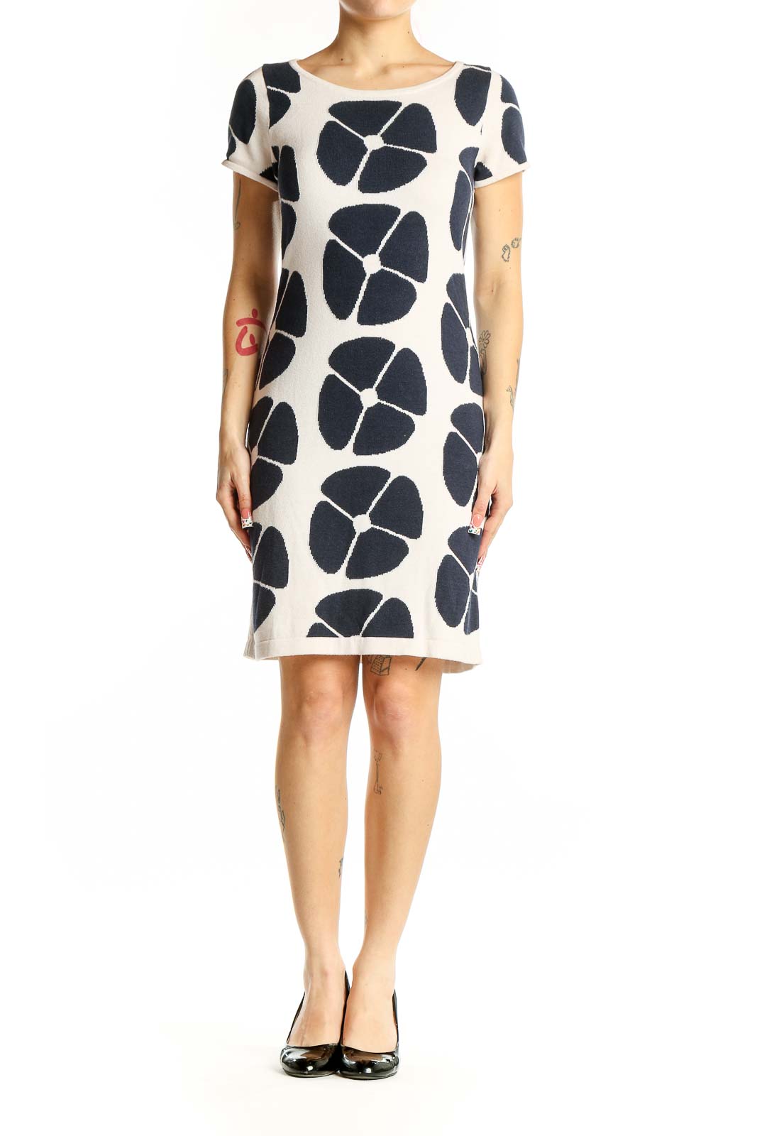 Front view of Boden navy and white floral print knit dress