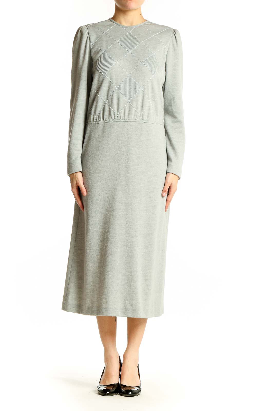 Front view of sage green Leslie Fay midi dress with diamond-patterned bodice and long sleeves