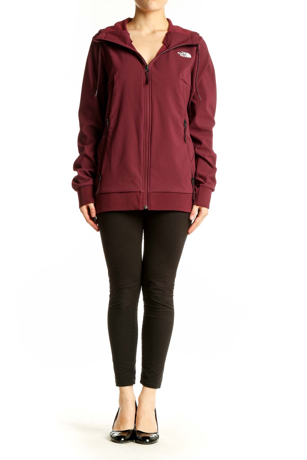 Front view of The North Face burgundy softshell hooded jacket