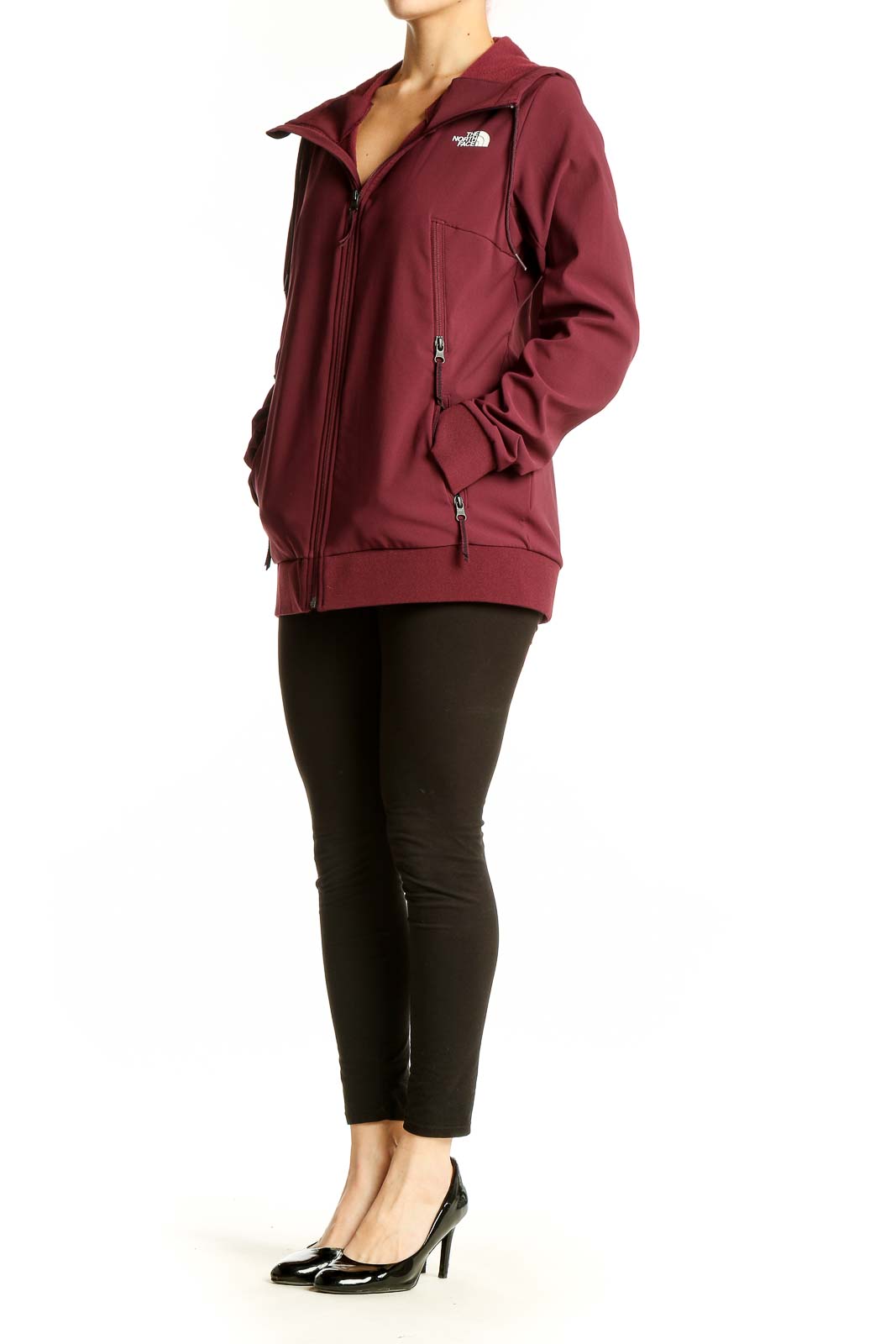 Front view of The North Face burgundy softshell hooded jacket