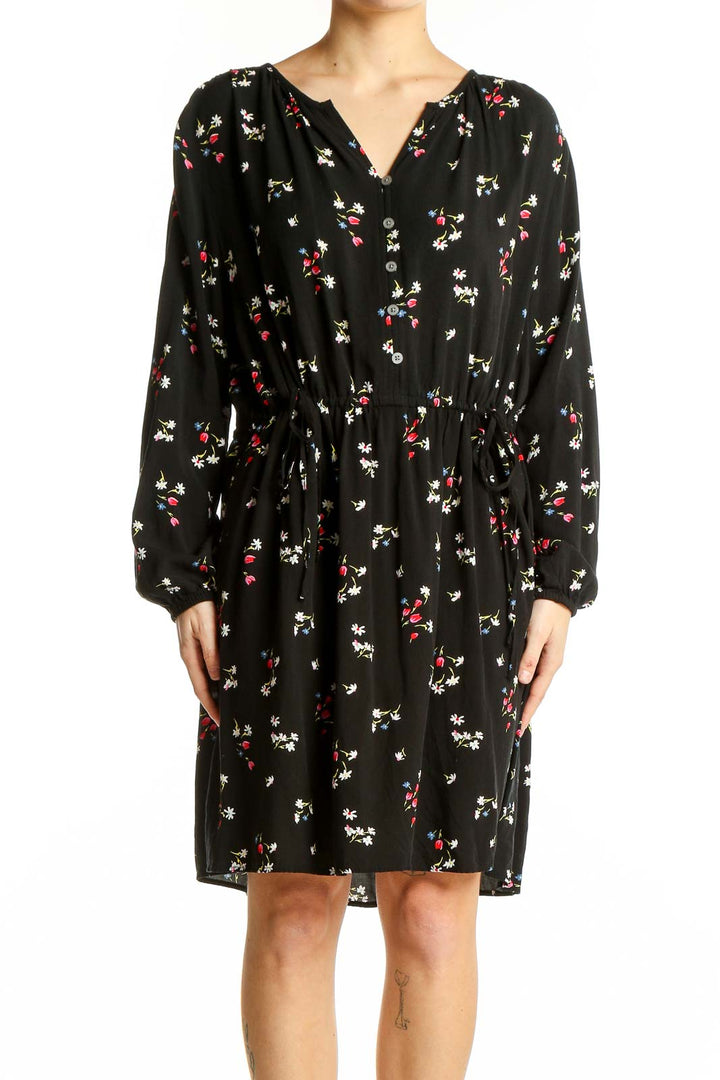 Front view of LOFT black rayon dress with floral print and v-neckline