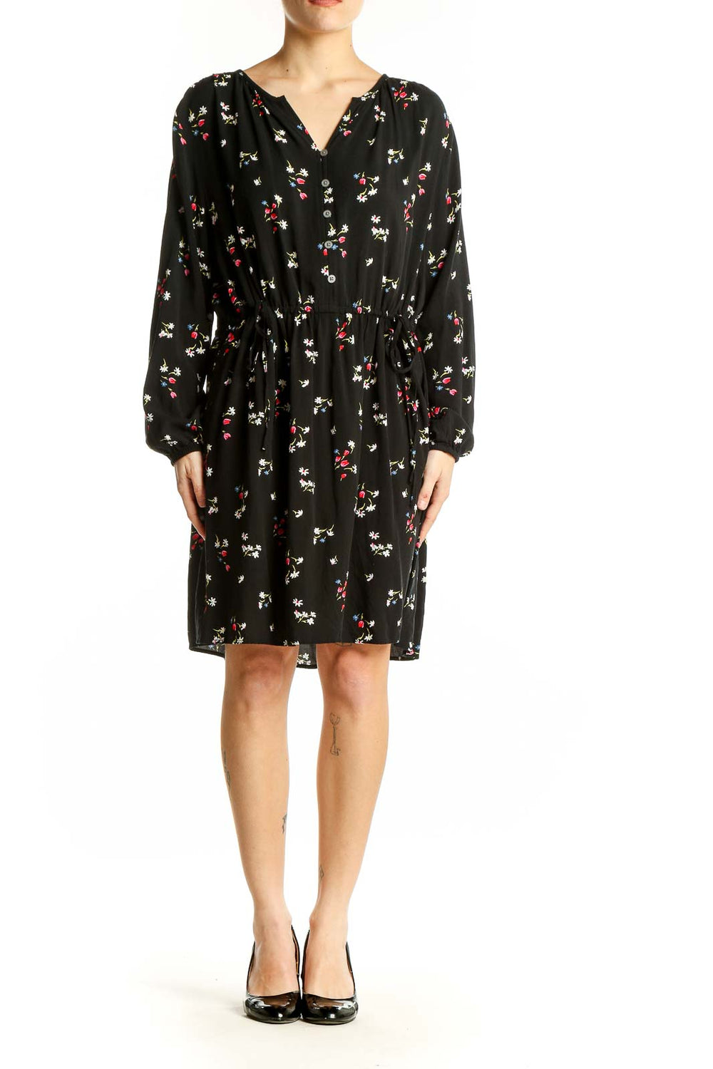 Front view of LOFT black rayon dress with floral print and v-neckline