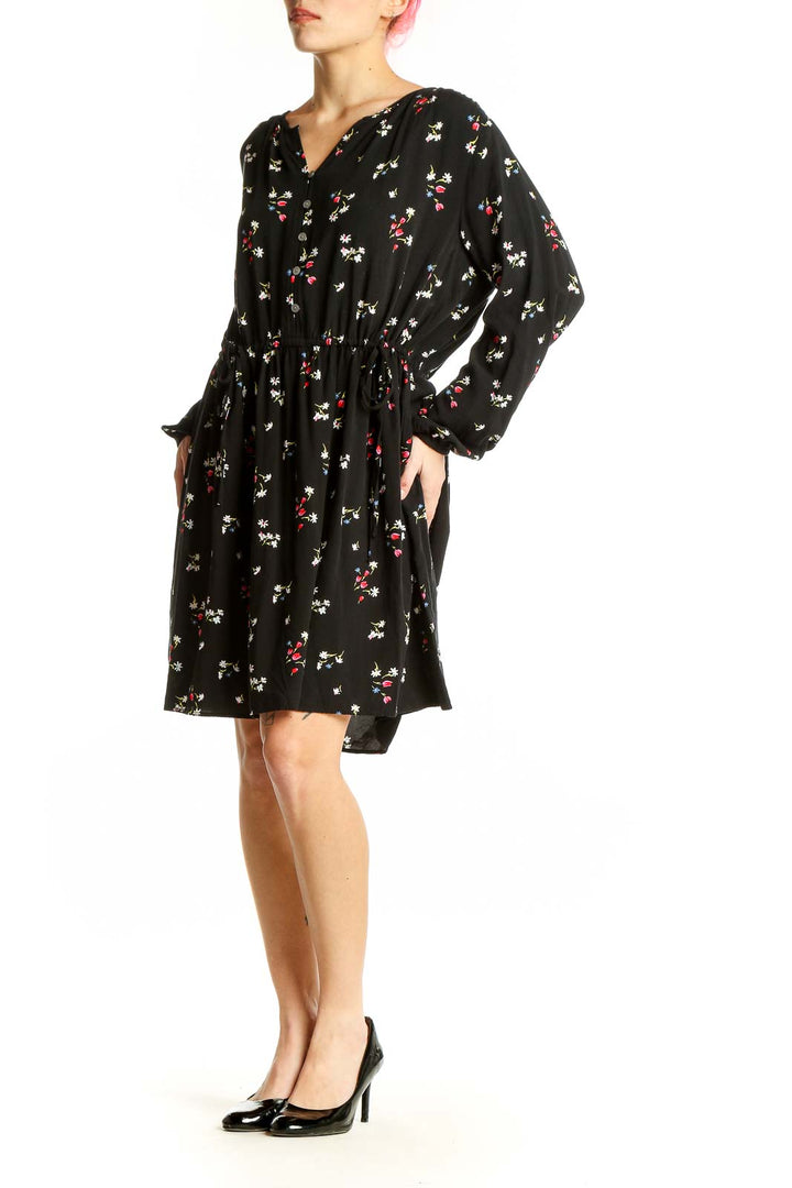 Front view of LOFT black rayon dress with floral print and v-neckline