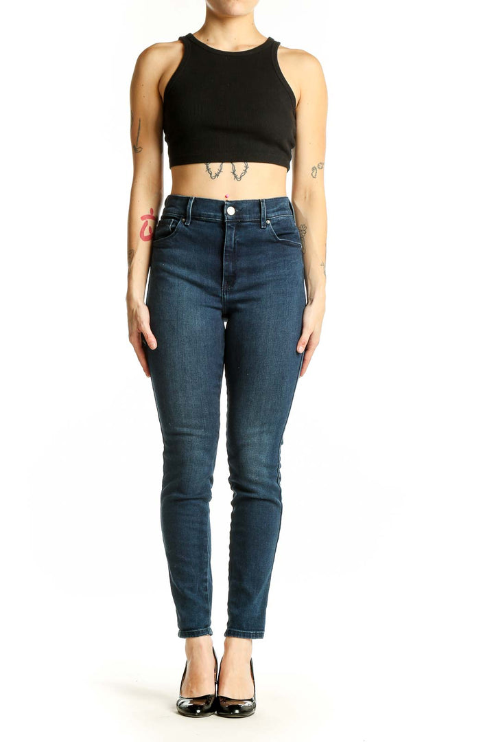 Front view of MOTT & BOW dark blue high-rise skinny jeans on model