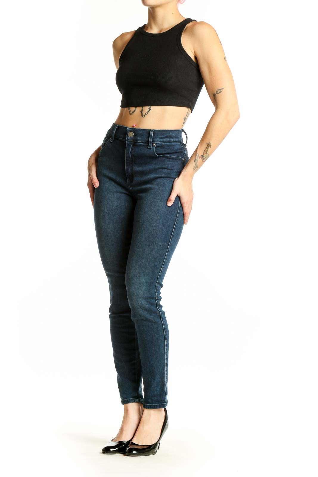 Front view of MOTT & BOW dark blue high-rise skinny jeans on model