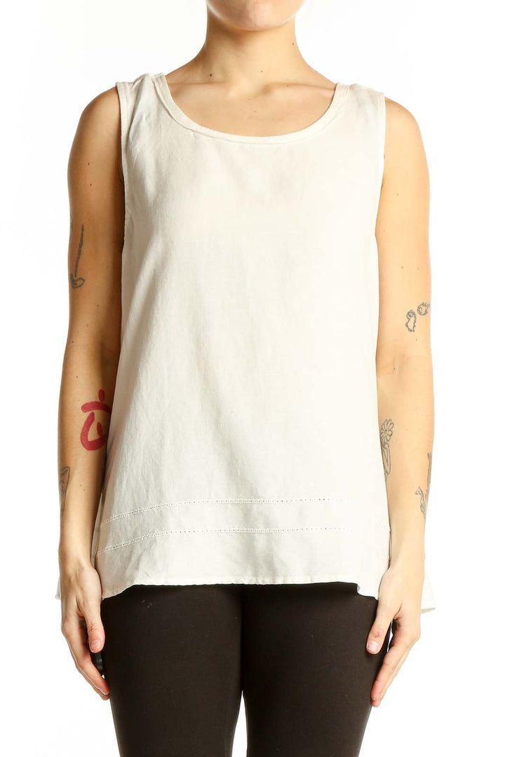 Front view of Renuar ivory linen-blend sleeveless top with scoop neckline