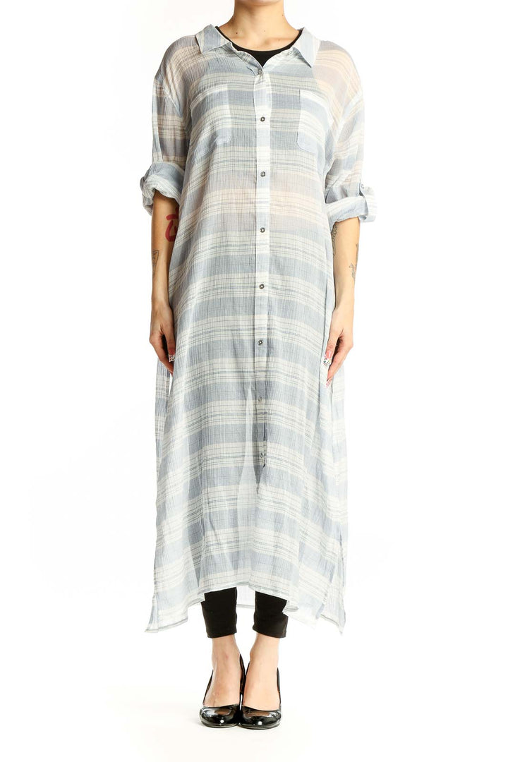 Front view of Calvin Klein light blue plaid cotton maxi shirt dress