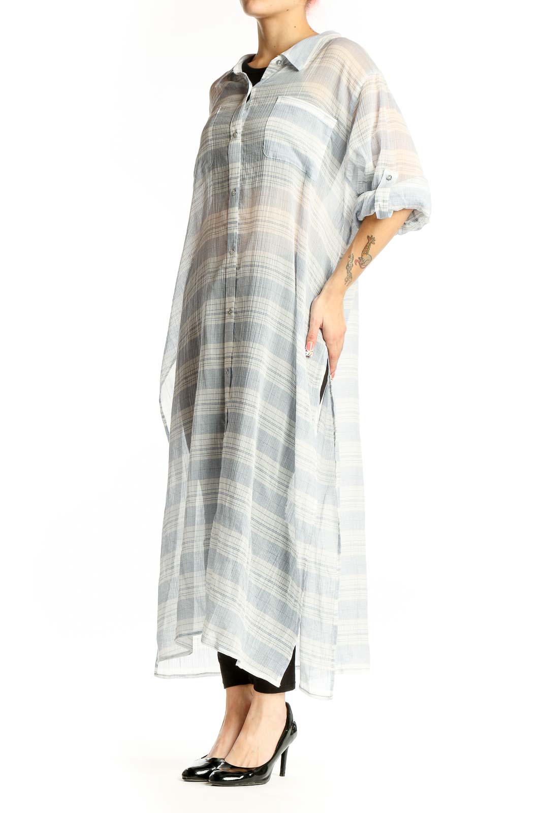 Front view of Calvin Klein light blue plaid cotton maxi shirt dress