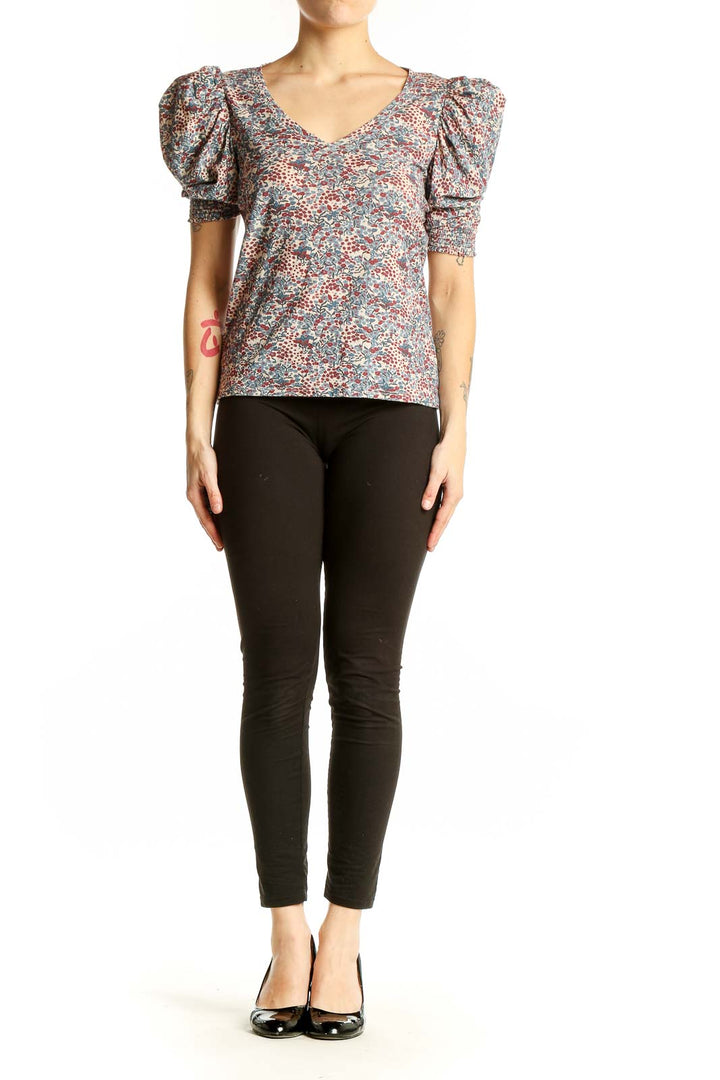 Front view of Nation LTD multicolor floral puff sleeve cotton top