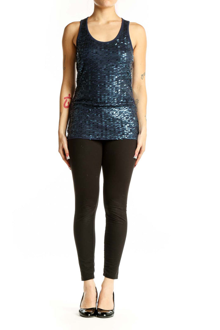 Front view of Valerie Bertinelli navy sequined racerback tank top