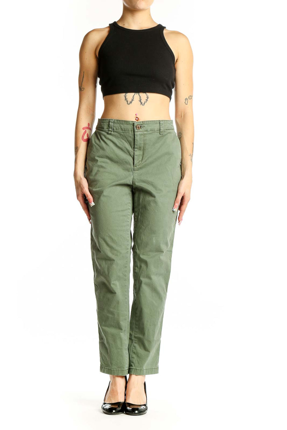 Front view of olive green Gap chino pants on model