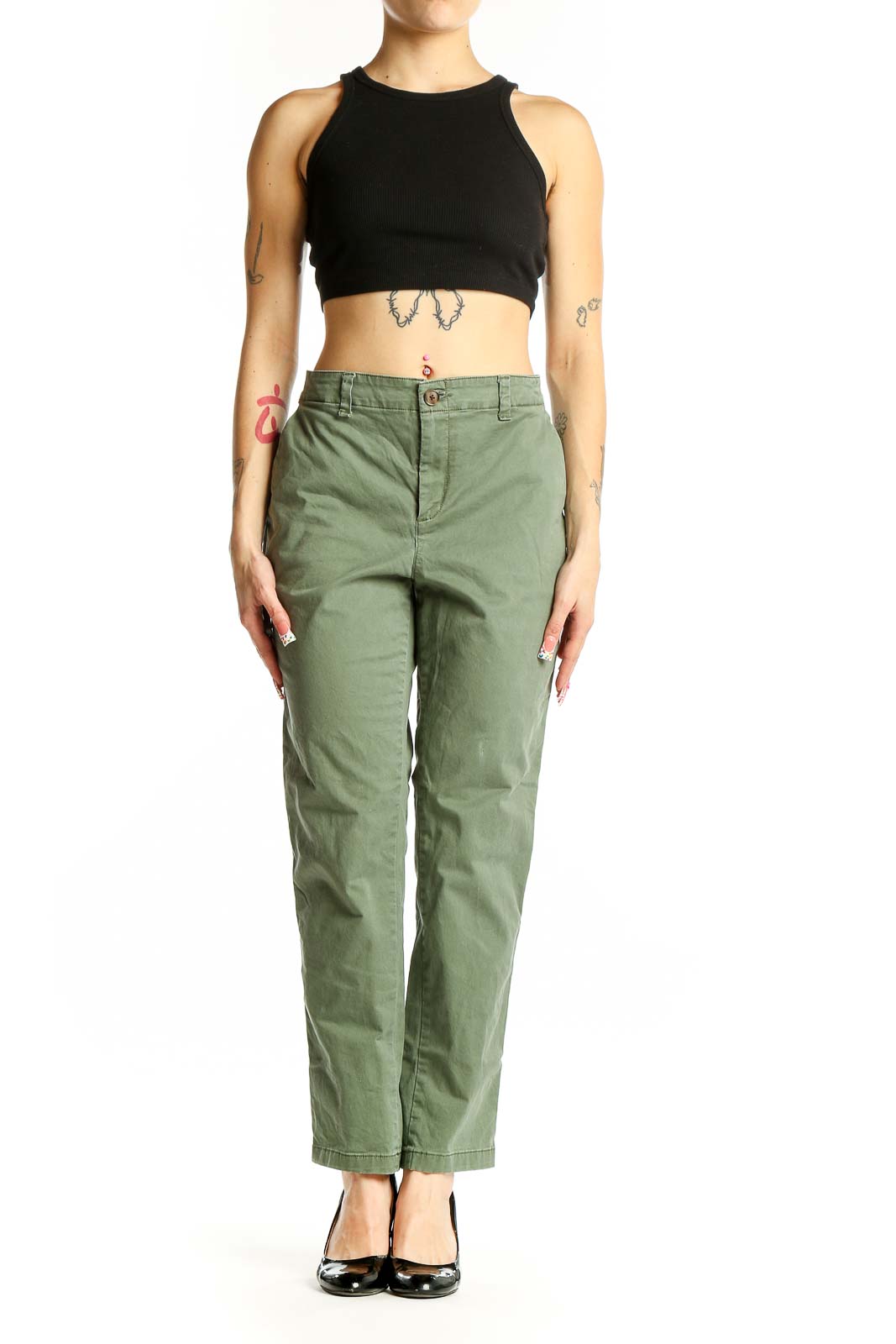 Front view of olive green Gap chino pants on model