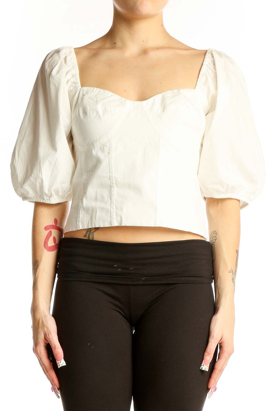 Front view of white cotton puff sleeve crop top from Gap