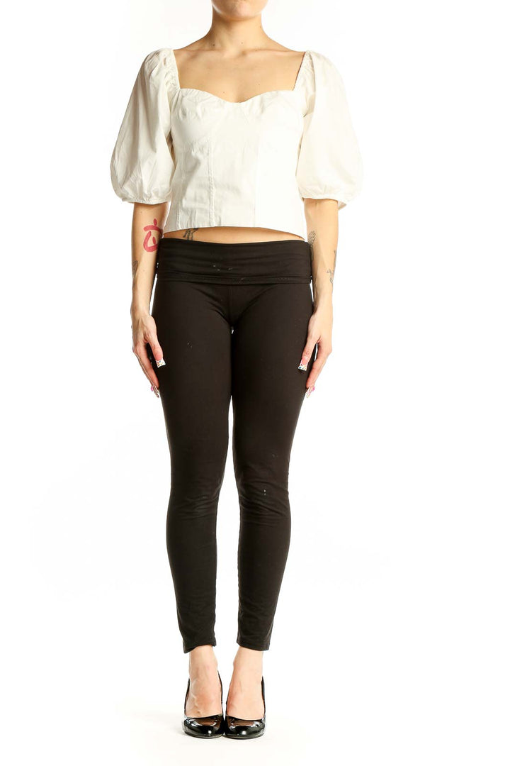 Front view of white cotton puff sleeve crop top from Gap