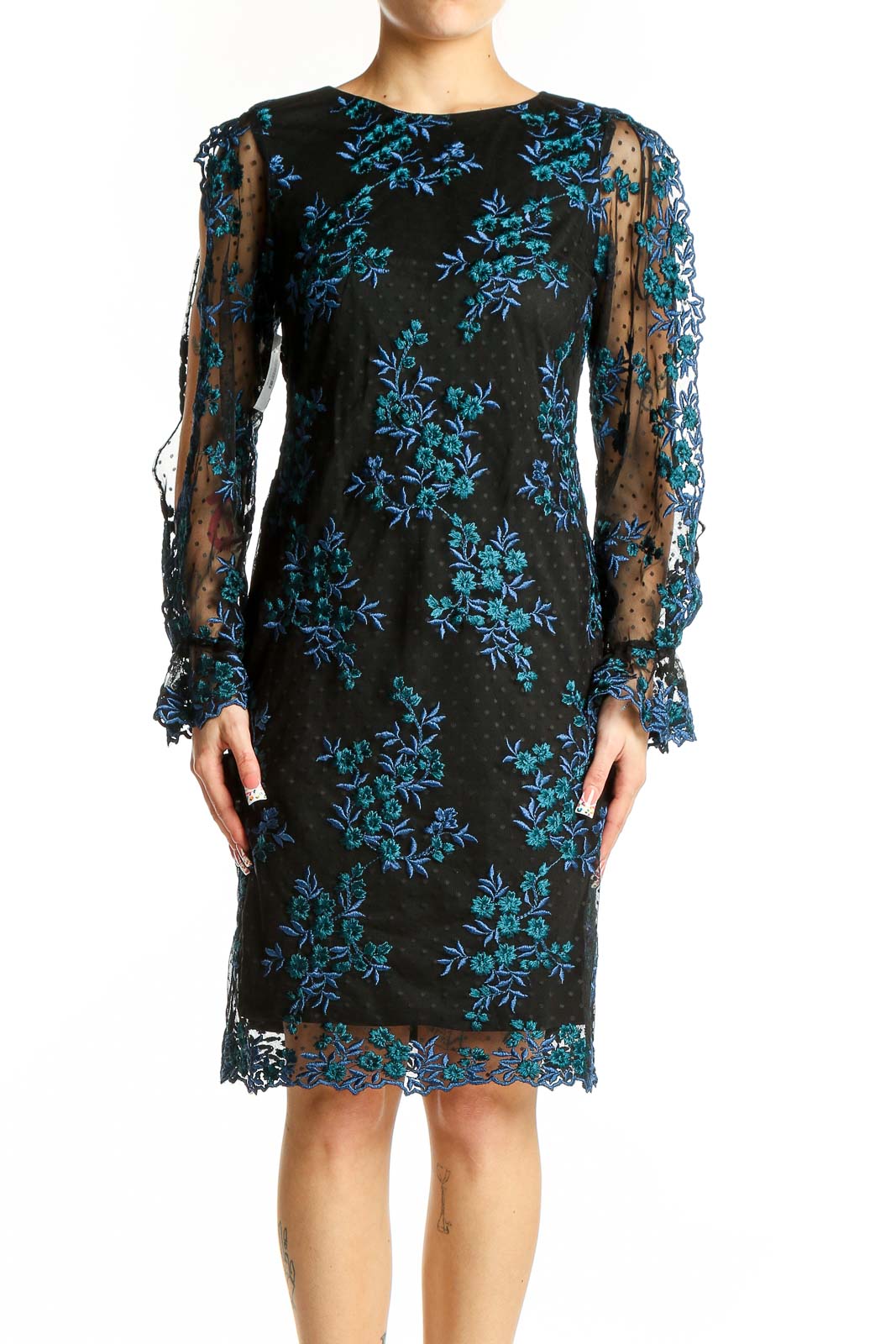 Front view of Taylor black cocktail dress with blue floral lace overlay