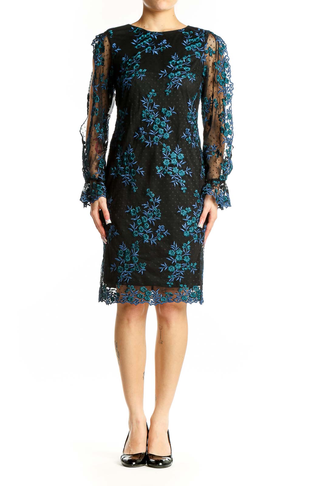 Front view of Taylor black cocktail dress with blue floral lace overlay