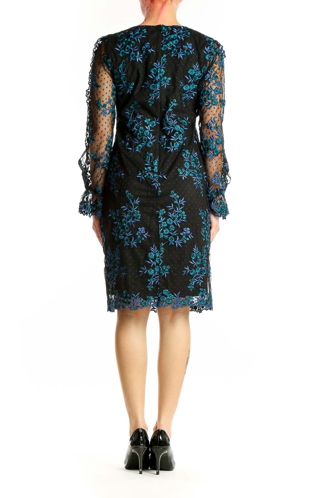 Back view of Taylor black cocktail dress with sheer lace sleeves