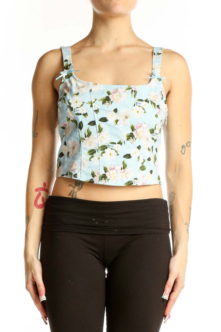 Front view of Victoria's Secret light blue floral crop tank top with square neckline