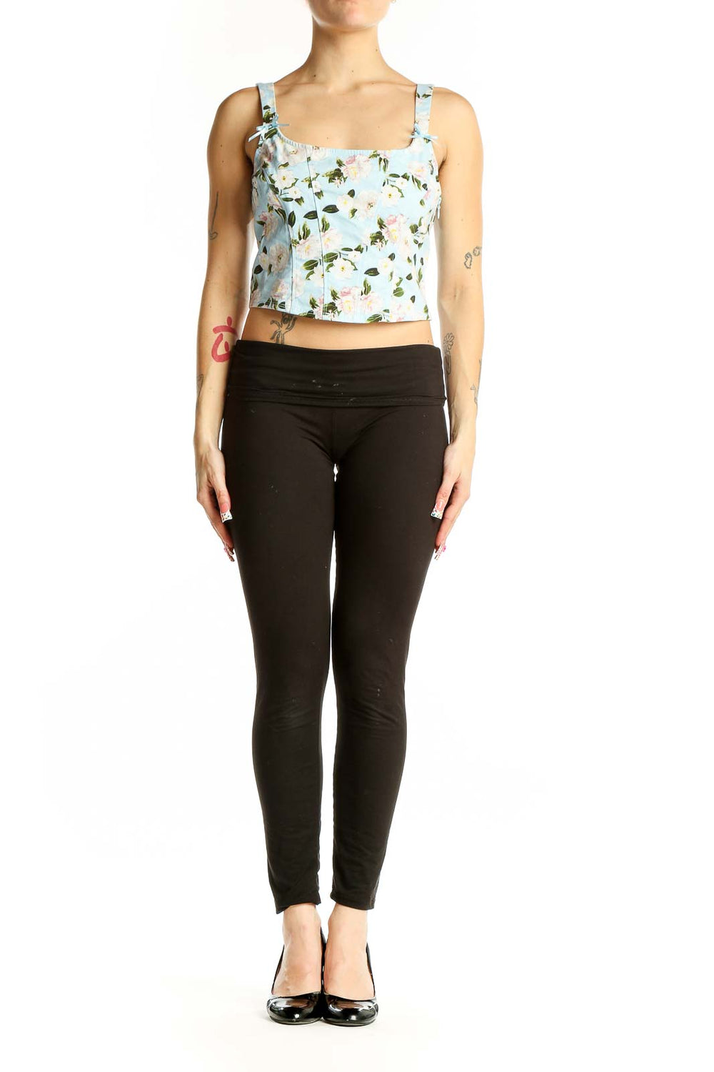 Front view of Victoria's Secret light blue floral crop tank top with square neckline