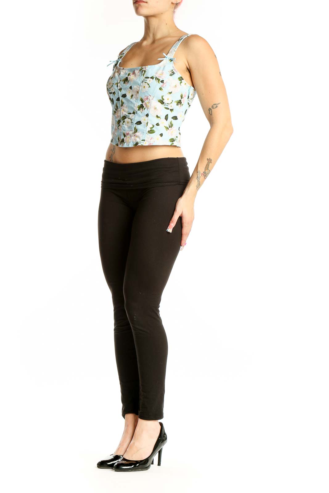 Front view of Victoria's Secret light blue floral crop tank top with square neckline