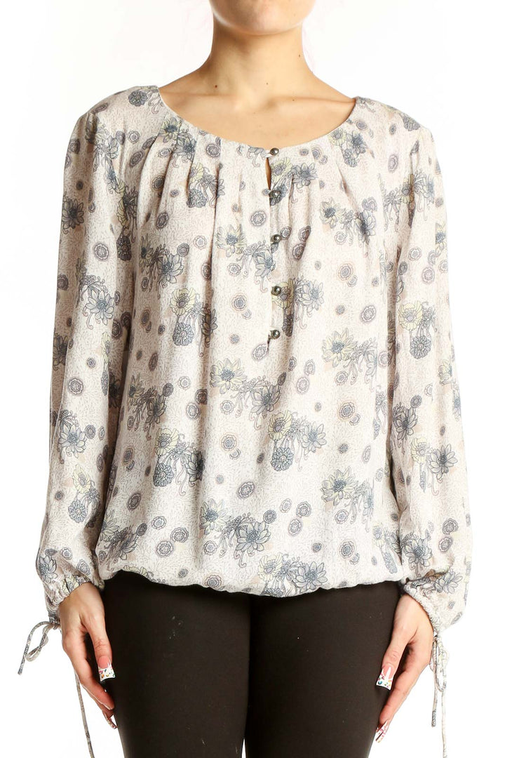 Front view of Lucky Brand cream floral print peasant blouse with gathered neckline