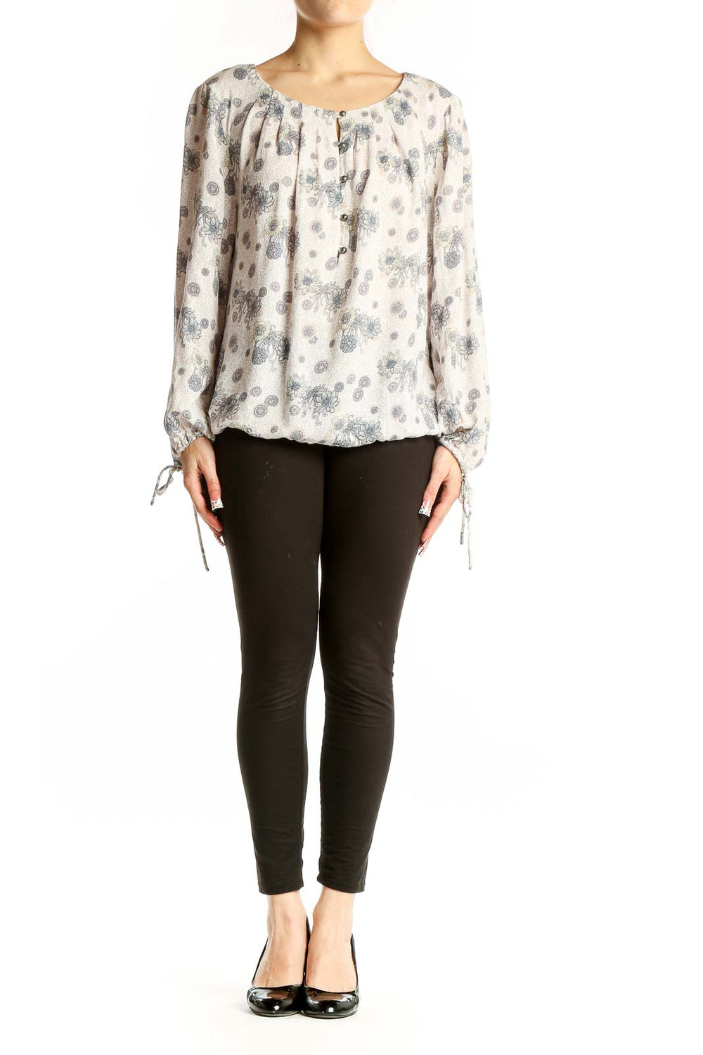 Front view of Lucky Brand cream floral print peasant blouse with gathered neckline
