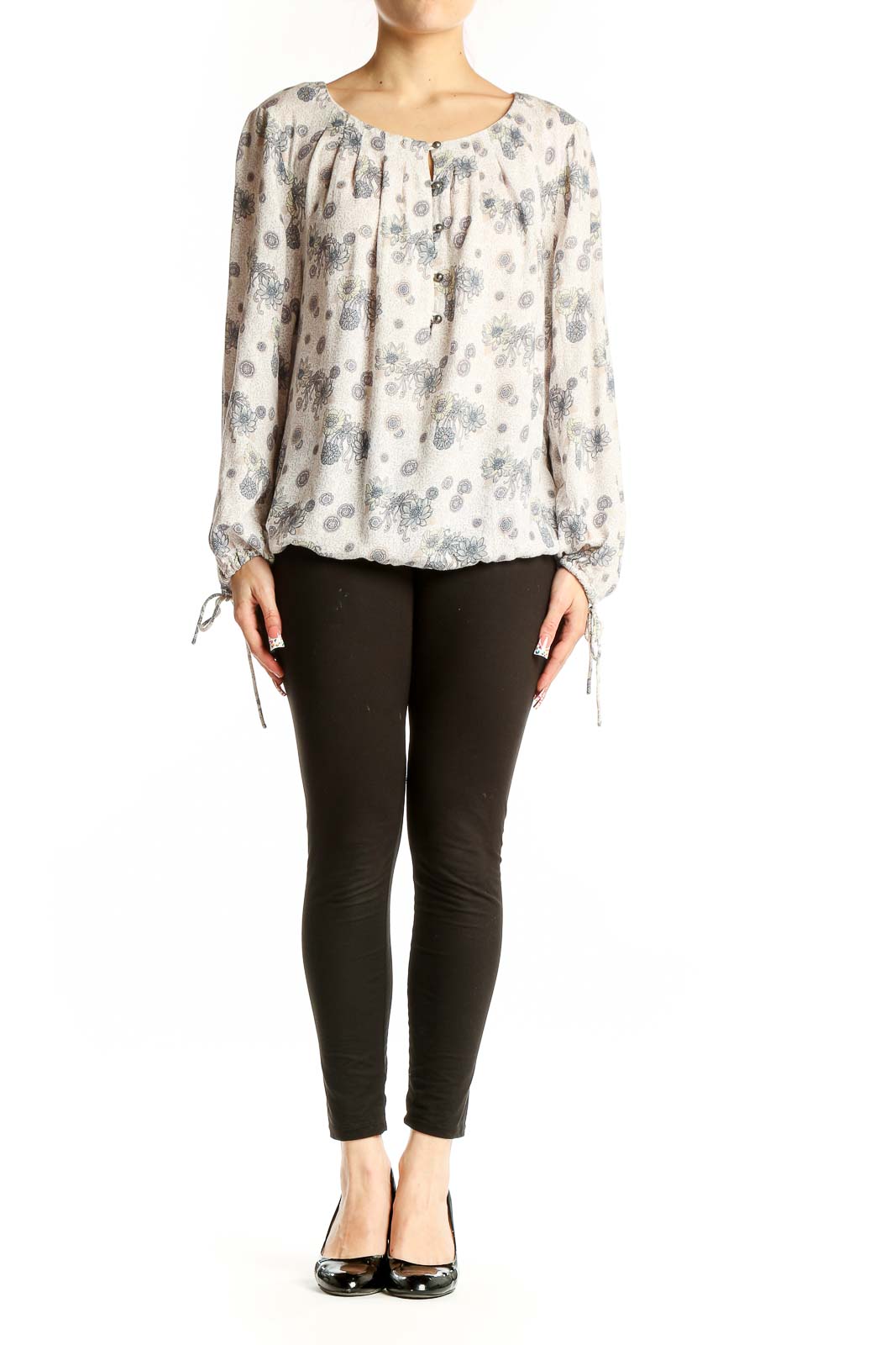 Front view of Lucky Brand cream floral print peasant blouse with gathered neckline