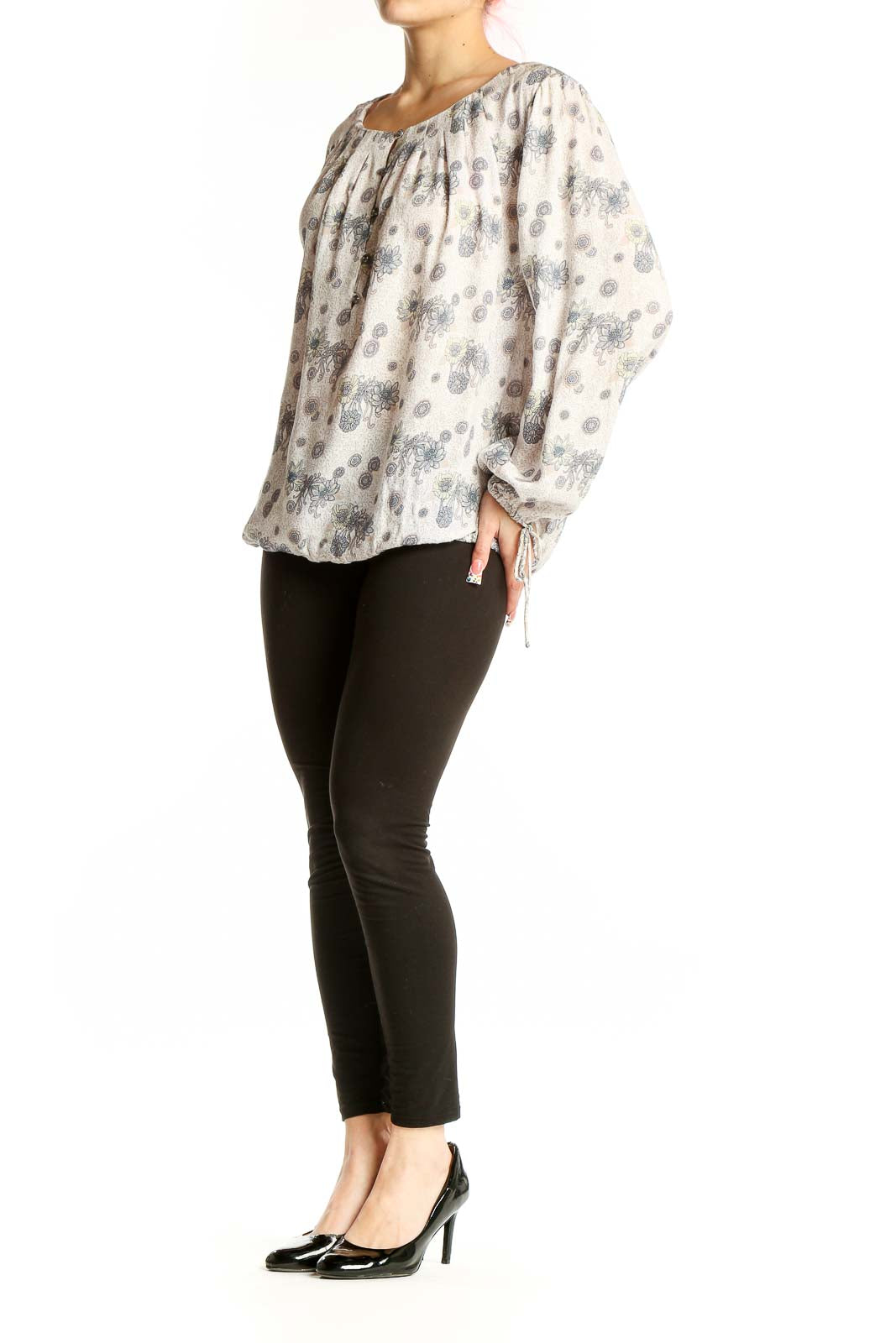 Front view of Lucky Brand cream floral print peasant blouse with gathered neckline